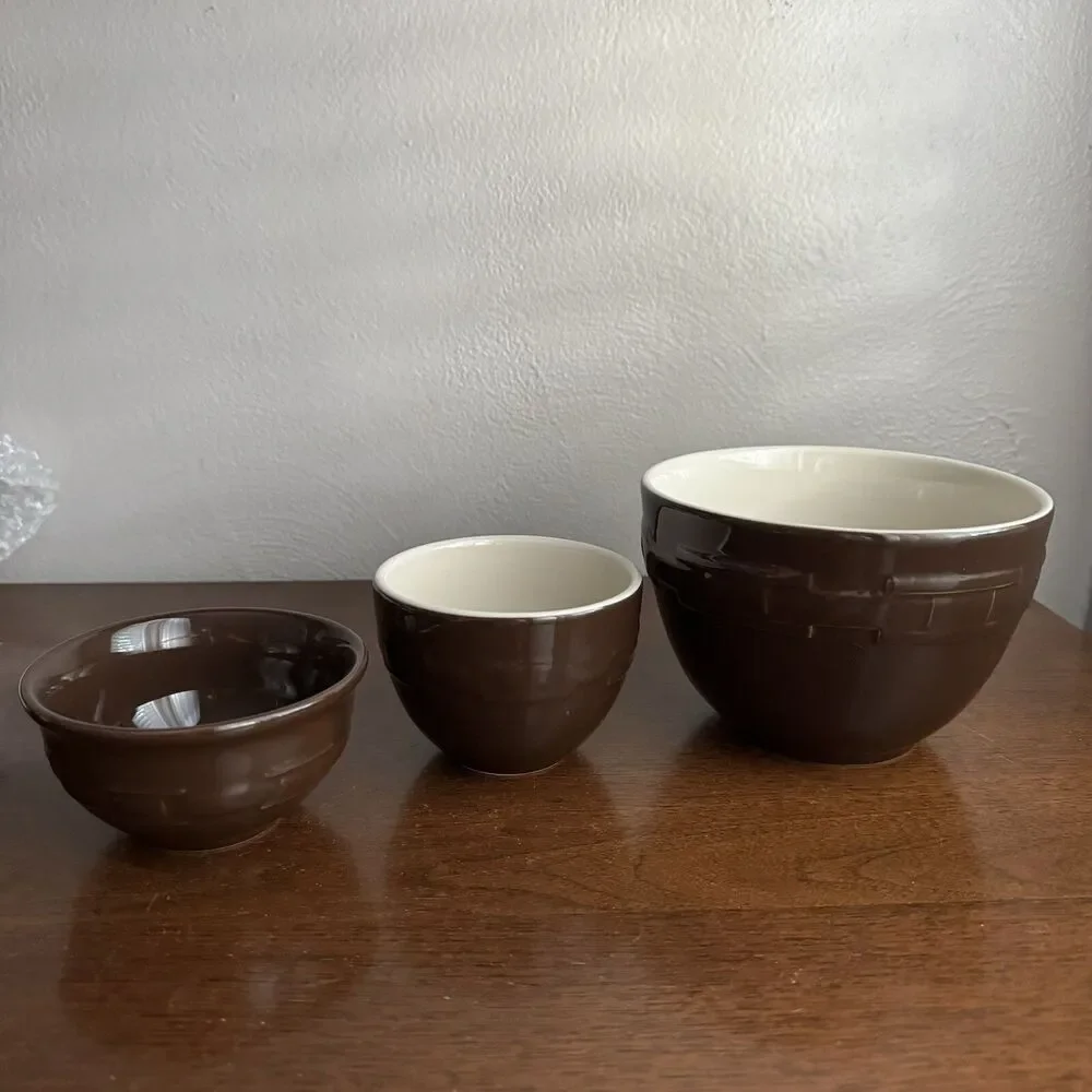 Longaberger Pottery Woven Traditions Chocolate Brown Bowls 3 Sizes Vitrified